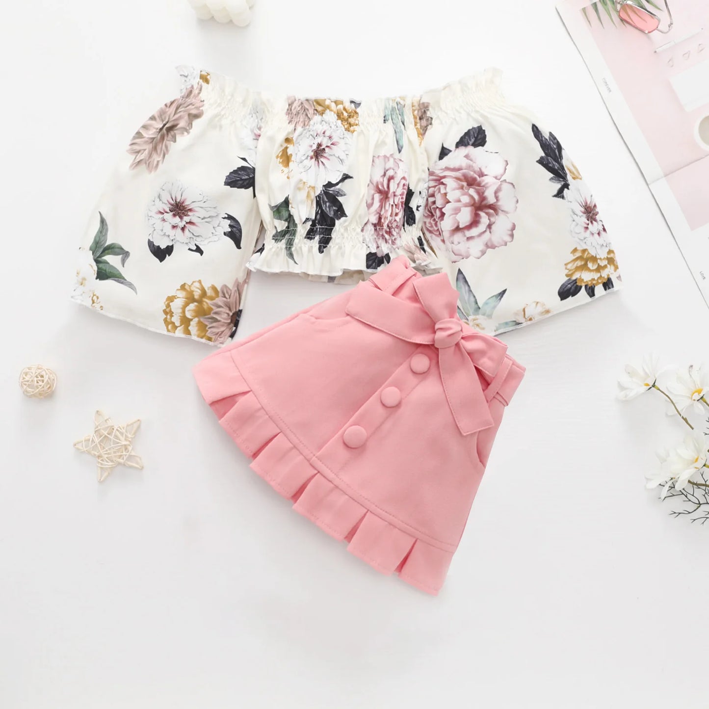 1-6Y Summer Toddler Baby Kid Girl Clothes Set Floral Off Shoulder Crop Top Skirts Outfits Children Girls Costumes