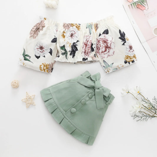 1-6Y Summer Toddler Baby Kid Girl Clothes Set Floral Off Shoulder Crop Top Skirts Outfits Children Girls Costumes