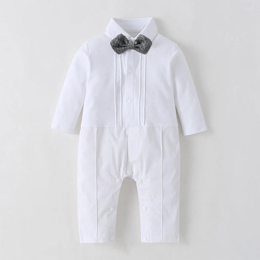 White Baby Baptism Formal Dress for Boys Romper with Coat Hat 6 PCS Infant Solid Birthday Wedding Suit Newborn Cotton Fall Set