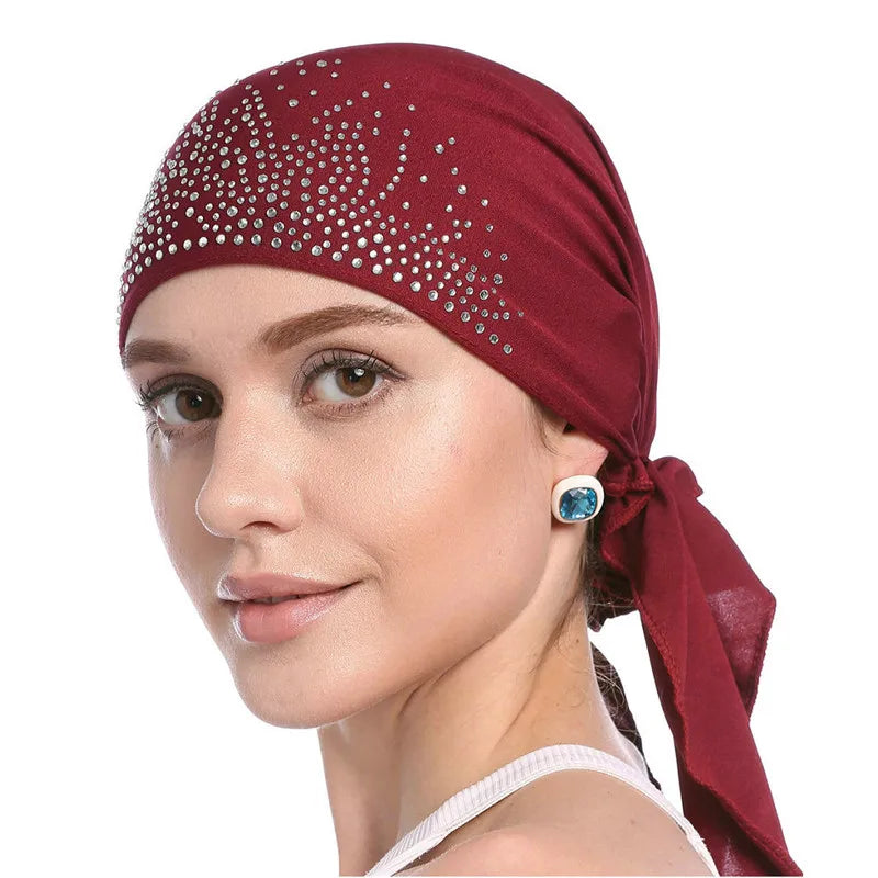 Fashion Muslim Headscarf Hat Thin Summer Women Inner Hijab Bonnet Solid Diamond Turban Caps India Head Wrap Hats For Lady