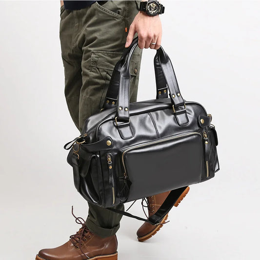 Male Travel Bag Retro Duffle Handbag Shoulder Bag PU Leather Big Messenger Bags High Quality Men's Luggage Storage Crossbody Bag