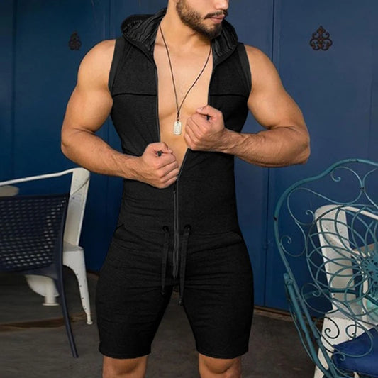 Men's Casual Sleeveless Jumpsuit Breathable Bodysuit Zipper Hooded Rompers Shorts Skinny Home Wear Tracksuit Pajamas 2025 New