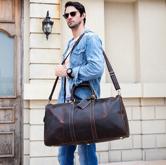 Vintage Men Genuine Leather Travel Bag Travel Tote Big Weekend Bag Man Cowskin Duffle Bag Hand Luggage Male Handbags Large 60cm