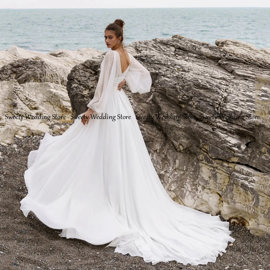Jiayigong Beach Wedding Dress for Women Customized Long Sleeve V Neck Lace High Slit Sexy Bride Dresses Chiffon Bridal Gown