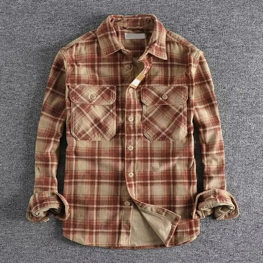 Single-breasted Shirt Plaid Print Men's Cardigan Coat Stylish Mid-length Formal Shirt with Turn-down Collar for Fall