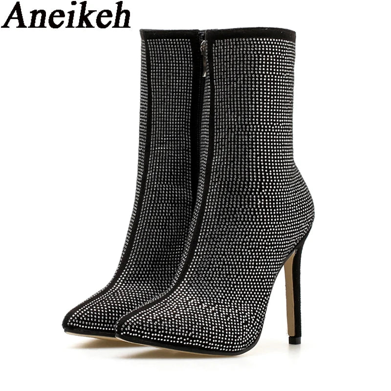 Aneikeh Spring Banquet Sexy Shiny Crystal Rhinestones Women's Ankle Boots High Heels Nightclub Modern Booties For Females Shoes