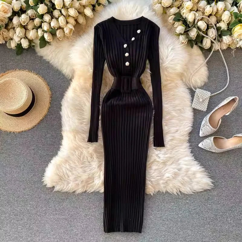 YuooMuoo2024 Autumn Winter Women Ribbed Knitted Dress Elegant V-neck Buttons Bodycon Sweater Dress with Belt Lady Office Vestido