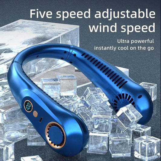 Neck bladeless fan mini ultra long lifespan portable lazy silent fan USB charging student sports office digital display power su