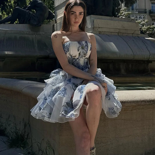 Chic Elegant Floral Printed Mini Dress Women Backless Sleeveless A Line Strapless Robes Pleated Hem Party Vestidos Lady Clorhing