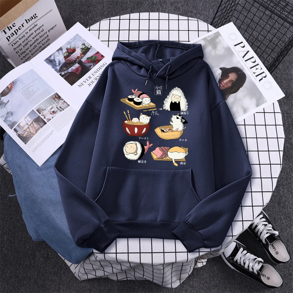 Sushi Cat's Day Harajuku Printed Hoody Womens Fashion Loose Clothing Autumn Fleece Sweatshirt Casual O-Neck Female Streetwear