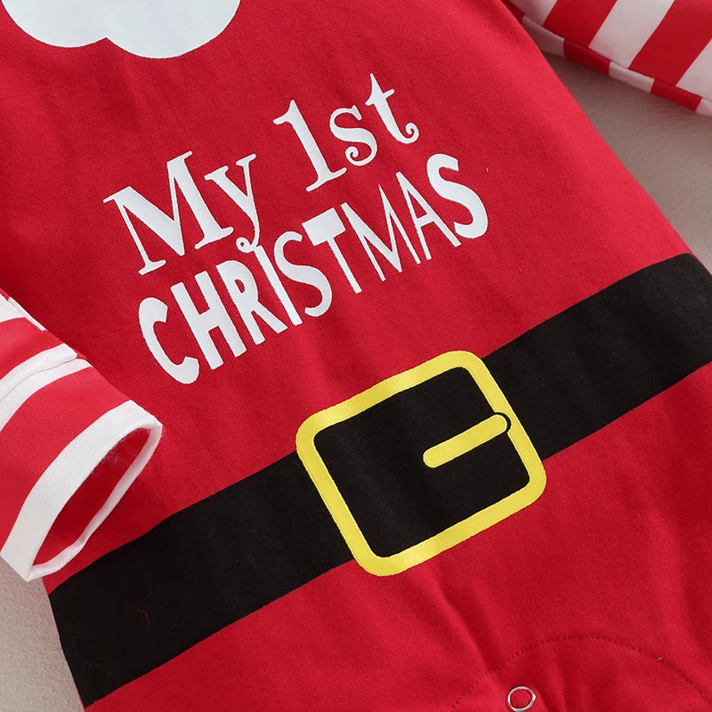ma&baby 0-18m Christmas Newborn Infant Baby Romper Santa Costume Striped Letter Print Long Sleeve jumpsuit Hat Xmas Outfits D05