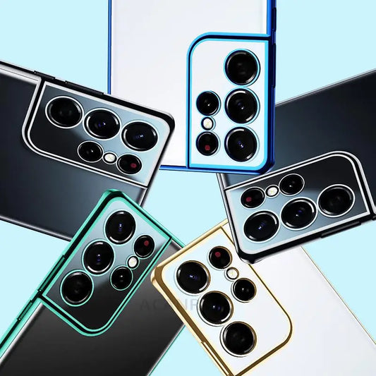 Luxury Gold Plating Phone Case For Samsung Galaxy S21 Ultra S20 Plus S22 S 21 20 5g Camera Protect Transparent Silicone Cover