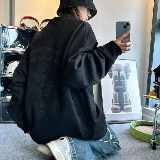 Autumn and winter American retro suede loose couple round neck loose sweatshirt for men and women lazy style and versatile y2k