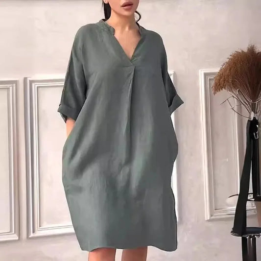 Fashion Cotton And Linen Women's V-neck Loose Dress 2025 Spring And Summer Solid Color Casual Short Sleeved Pocket Midi Dresses