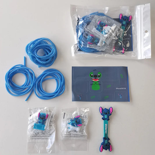 Disney Stitch Data Cable Protective Cover Miniso Cartoon Figure Iphone Charger Head Sticker Earphone Line Usb Winder Storage Bag