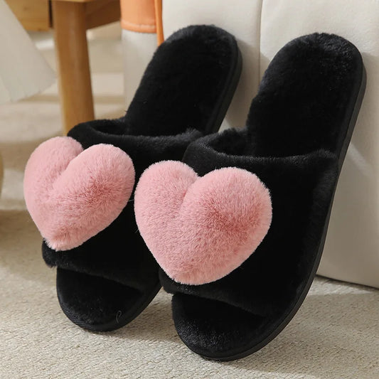 Women Warm Home Slippers Men Indoor Bedroom Cute Heart Pattern Slides Adults Non-slip Plush House Sandals Couples Fashion Shoes
