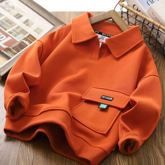 Spring Autumn Sweatshirt Boys Flip Neck Head Pullover Children's Casual Fashion Top 2024 New Teenagers Solid Color Clothes 4-14Y