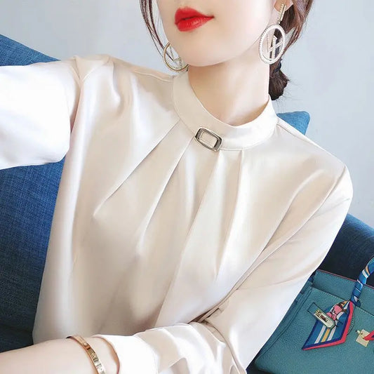 Autumn Fashion Solid Color Office Pleated Blouse Women New High-quality Long Sleeve O-collar All-match Chiffon Lady Shirt 2022