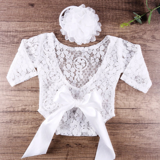 Ylsteed Newborn Photoshoot Outfit Big Bowknot White Long Sleeve Lace Romper with Headband Photo Props for Infants Portrait prop