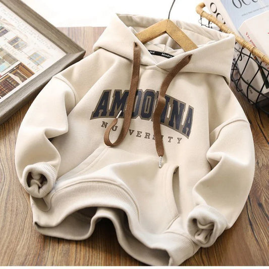 Warm Thicken Sweatshirt Kids Autumn And Winter Tops Boys Hoodies Tracksuit 2023 New Children Prints Letter Casual Clothing