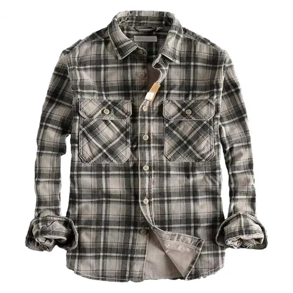 Single-breasted Shirt Plaid Print Men's Cardigan Coat Stylish Mid-length Formal Shirt with Turn-down Collar for Fall