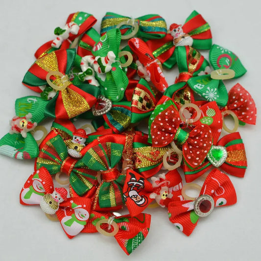 50pcs Christmas Dog Bowknot Cat Hair Bows with Rubber Band Santa Claus Decoration Small Dog Pet Accessories