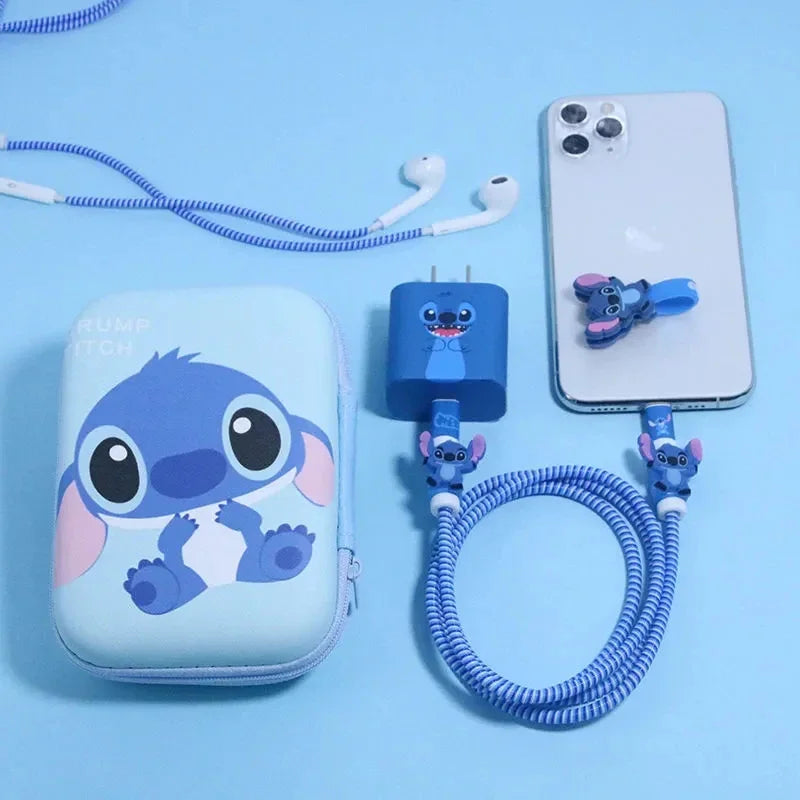 Disney Stitch Data Cable Protective Cover Miniso Cartoon Figure Iphone Charger Head Sticker Earphone Line Usb Winder Storage Bag