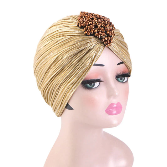 New Women Gold Silver Turban Hats Chemo Bandana Hijab Pleated Indian Cap Turbante Hat Ladies Hair Loss Headscarf Muslim Headwear