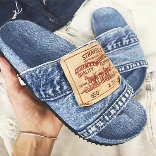 2025 Novo Verão Chinelos Lona Feminina Moda De Sola Grossa Flip Flops Denim Carta Sandálias Sandálias Casuais Sandálias Praia