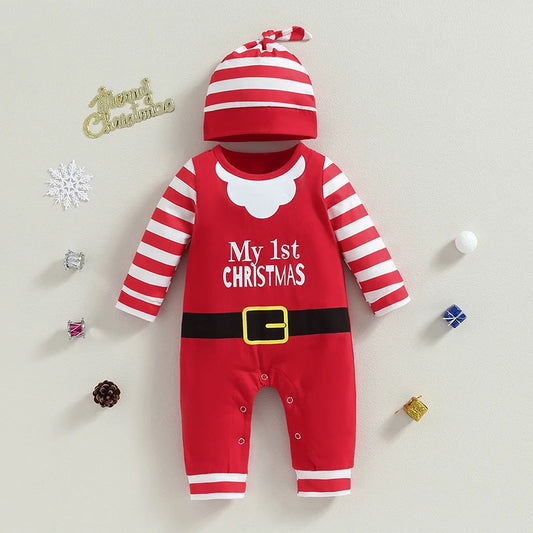 ma&baby 0-18m Christmas Newborn Infant Baby Romper Santa Costume Striped Letter Print Long Sleeve jumpsuit Hat Xmas Outfits D05