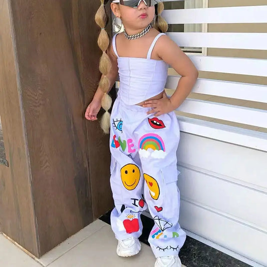 1-8Years Kids Clothing Sets Outfits for Girls 2024 Summer New Children Sleeveless Crop Tops+Pants Love Print Clothes Outfits
