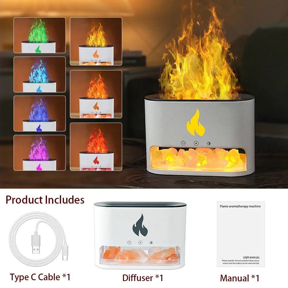 7 Color Flame Aroma Volcano Air Humidifier Essential Oil Diffuser for Home New Fireplace Humidifier Crystal Salt Rock Fire Lamp