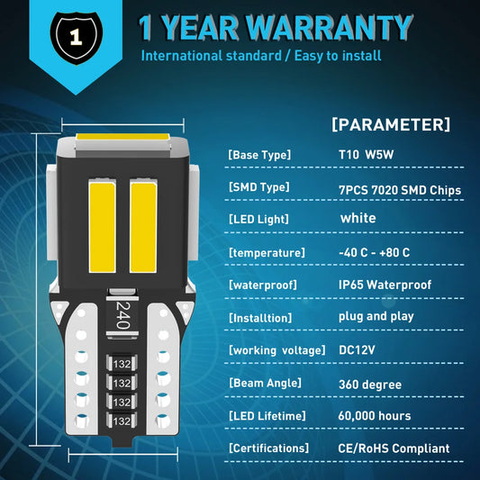 A pack 7020 SMD T10 W5W 194 Led Bulb Parking Car LED Side Light Trunk Lamp 12V White Lighting For Peugeot 206 308 307 207 Orange