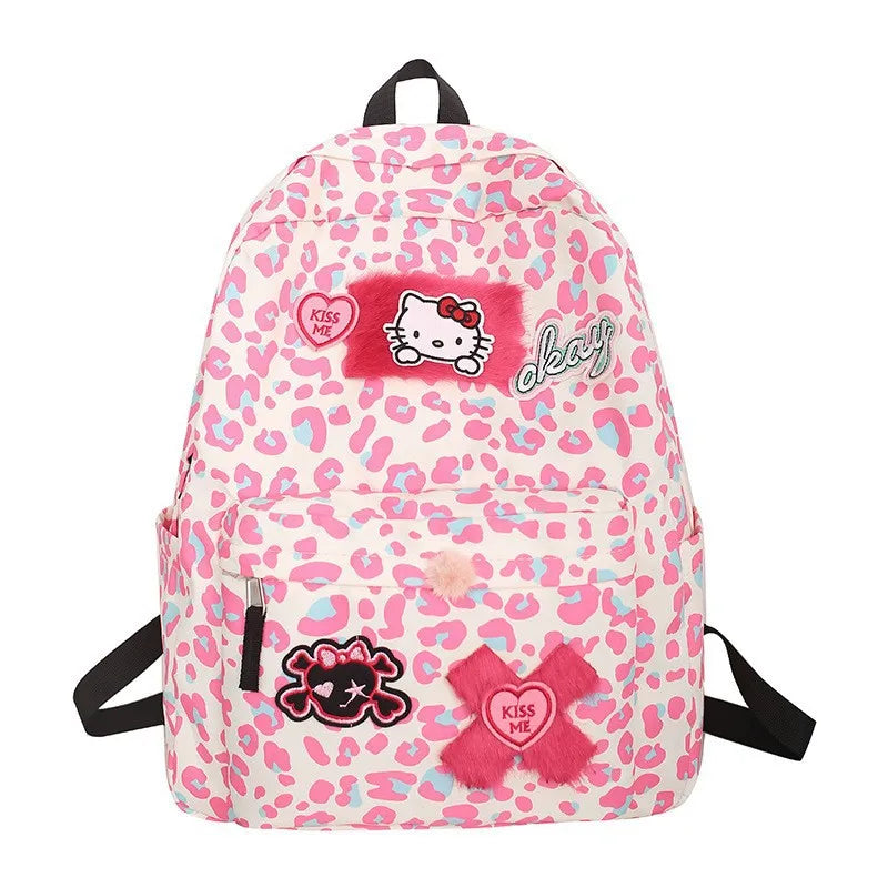 Backpack women leopard print Japanese soft girl cartoon backpack Hello Kitty Korean ins cute student schoolbag