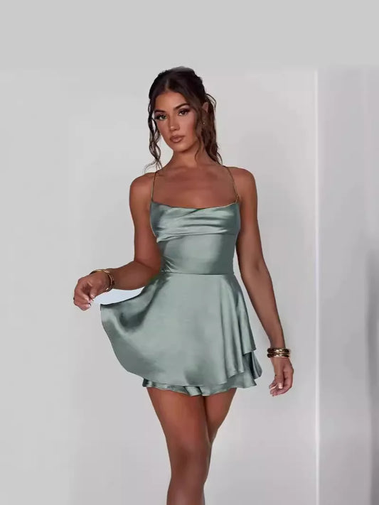 Summer New Popular European and American Style Sexy Slimming Show Solid Color Slimming Dress Short Women's