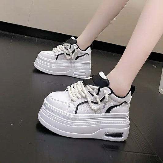 Fashion Platform Sneakers Women Spring Autumn Comfort Round Toe Lace-up 8CM Thick Bottom Black White Casual Sport Shoes