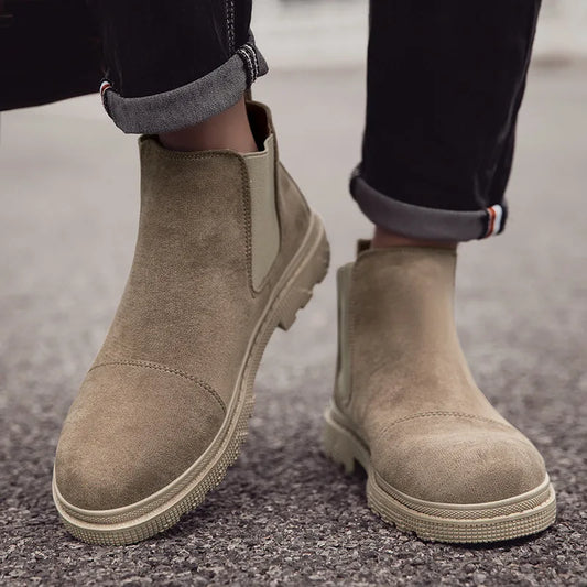 Classic Fashion Khaki Men's Ankle Boots Comfortable Platform Work Boots Men Slip-on High-top Shoes Casual Men Botas Para Hombre