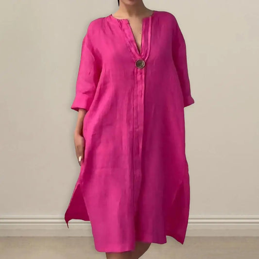 Summer Women Dress V Neck Side Split Loose Pullover Button Pure Color Long Sleeves Casual Daily Wear Midi Dress