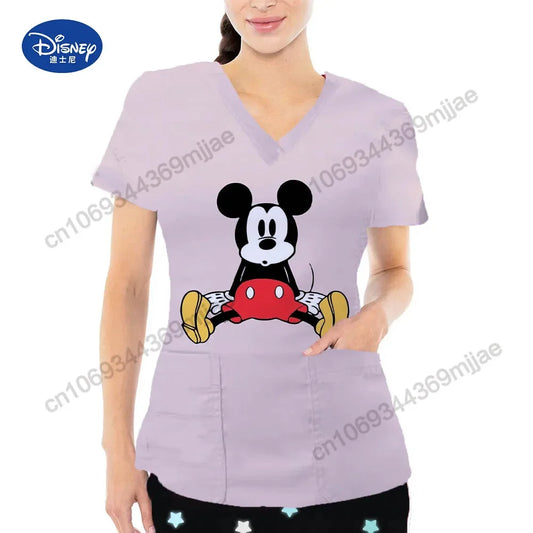 2024 Summer New Disney Cartoon Pattern Top Fashion V-neck Double Pocket Design Style T-shirt Casual Comfortable Women's Wear