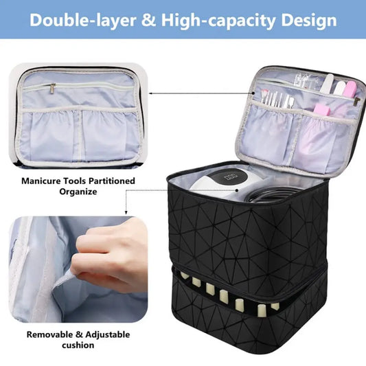 30 Grids PU Nylon Makeup Bag Double Layer Handbag Manicure Bag with Handle Professional Nail Case Travel Cosmetic Organizer Bag