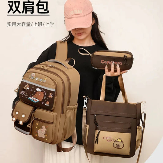 Capybara School Backpack Teens Girls School Bags Set Casual Daypack Kids 3Pcs Book Bag Kawaii Children Schoolbag Travel Backpack