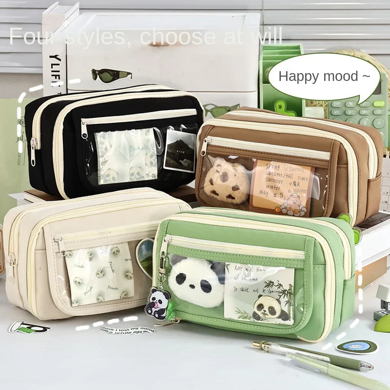 Panda New Nine Layer Large Capacity Transparent Pen Bag Cute Girl Junior High School Student Pencil Case Stationery Bag Storage