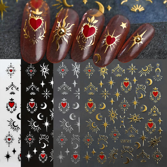 8Pcs Red Heart Nail Stickers 3D Bronzing Silver Gold Heart Shape Star & Moon Metal Totem Nail Slider Self-Adhesive DIY Nail Art*
