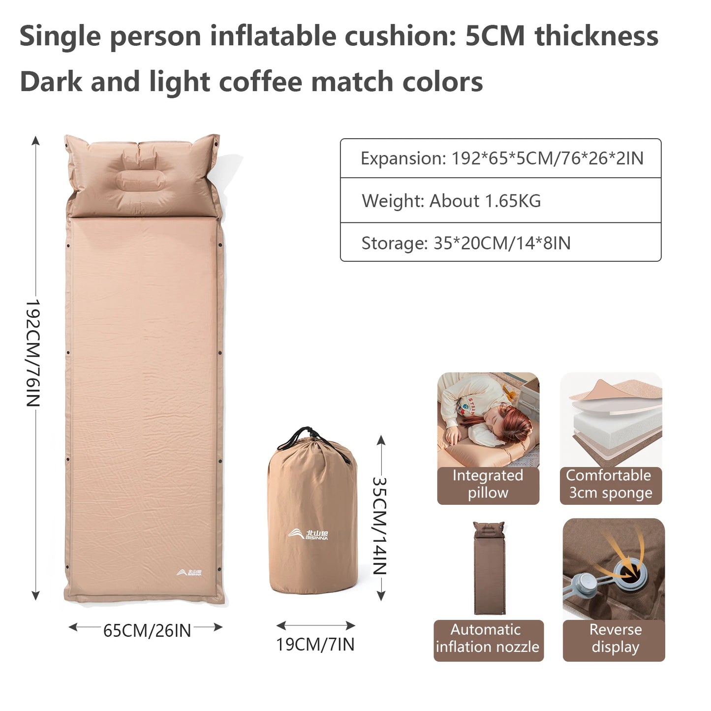 BISINNA Outdoor Self-inflating Mattress Camping Inflatable Sleeping Pad Splicable Ultralight Air Mat for Travel Hiking Picnic