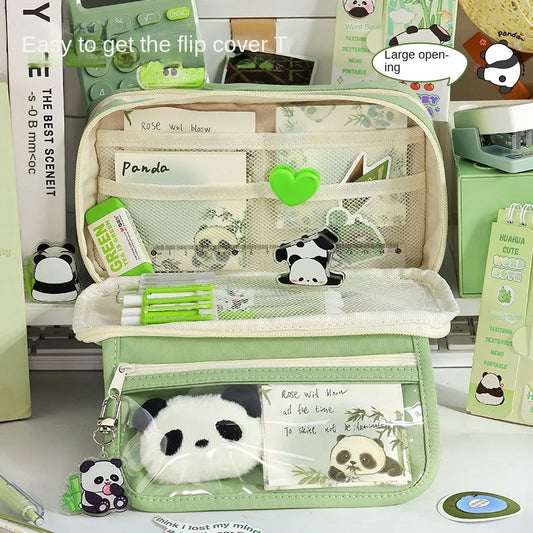 Panda New Nine Layer Large Capacity Transparent Pen Bag Cute Girl Junior High School Student Pencil Case Stationery Bag Storage