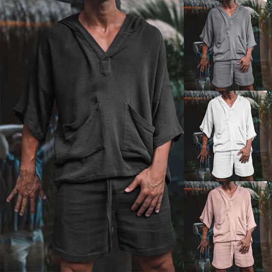 2pcs/set Men Summer Cotton Linen Shirt Set Loose Casual Tops Shorts Suit Short Sleeve Pajamas Comfy Breathable Beach Shorts
