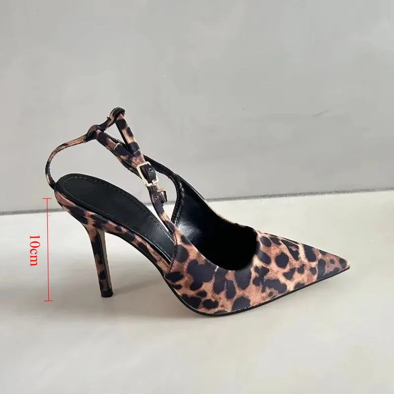 Leopard Print Pointed Toe Office Lady Shoes 2024 Autumn Designer Shallow Stilettos Large Size Ankle Strap Women High Heels Pumps