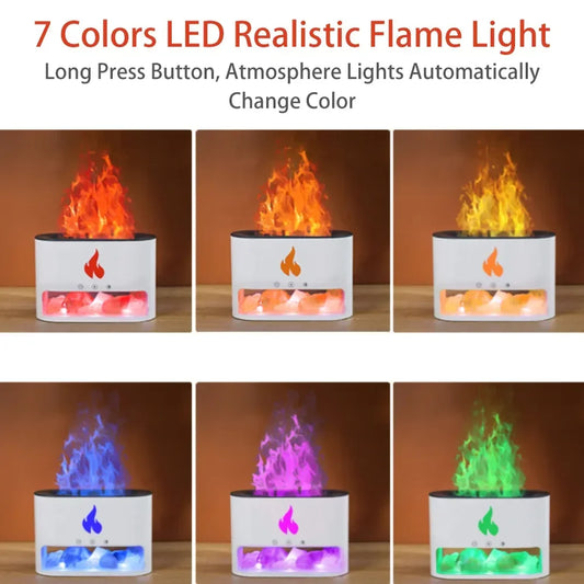 7 Color Flame Aroma Volcano Air Humidifier Essential Oil Diffuser for Home New Fireplace Humidifier Crystal Salt Rock Fire Lamp