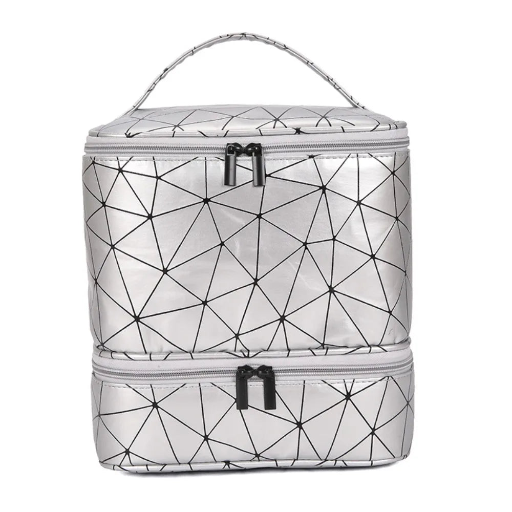 30 Grids PU Nylon Makeup Bag Double Layer Handbag Manicure Bag with Handle Professional Nail Case Travel Cosmetic Organizer Bag