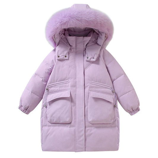 2025 Winter Down Jacket For Girl Hooded Waterproof White Duck Down Thick Warm Teenage Girl Outwear Coat 5-14 Years Kids Parka